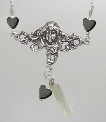 Sterling Silver Woman Maiden of the Gentle Heart Necklace With Clear Quartz And Black Heart